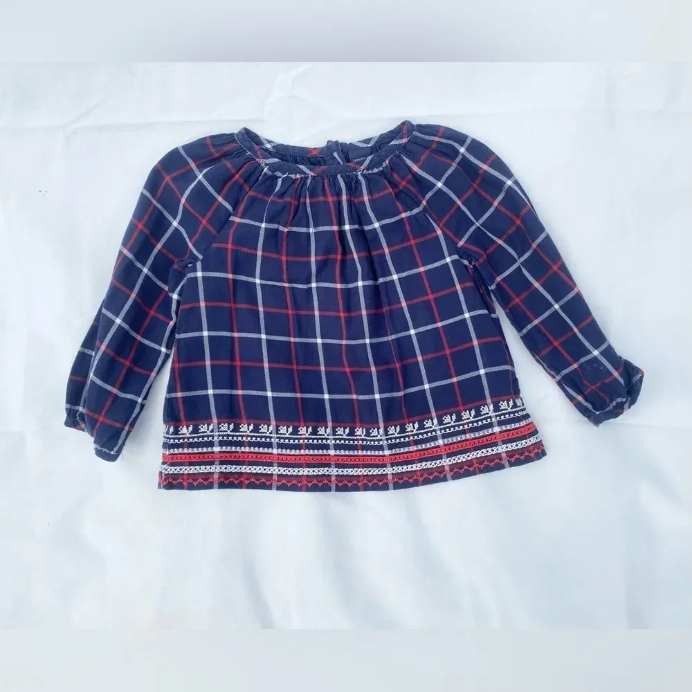 Baby Gap 3T Girls Navy Blue Red Plaid Embroidered Dressy Top Shirt Blouse